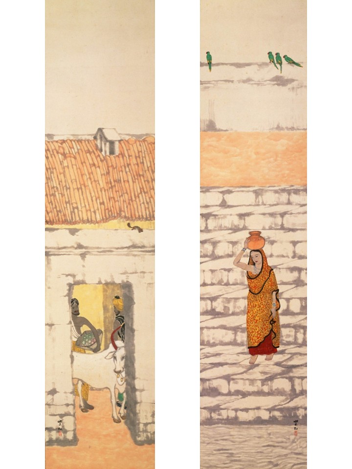 今村紫紅《水汲む女・牛飼う男》1914年 双幅  平塚市美術館
　　　                          