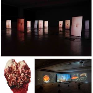 上:【市長賞】ソー・ソウエン《お臍と呼吸》2022年
左:【優秀賞】イ・ヒョンジョン《キムチ 2022-1》2022年
右:【優秀賞】山本 聖子《白色の嘘、滲む赤》2023年